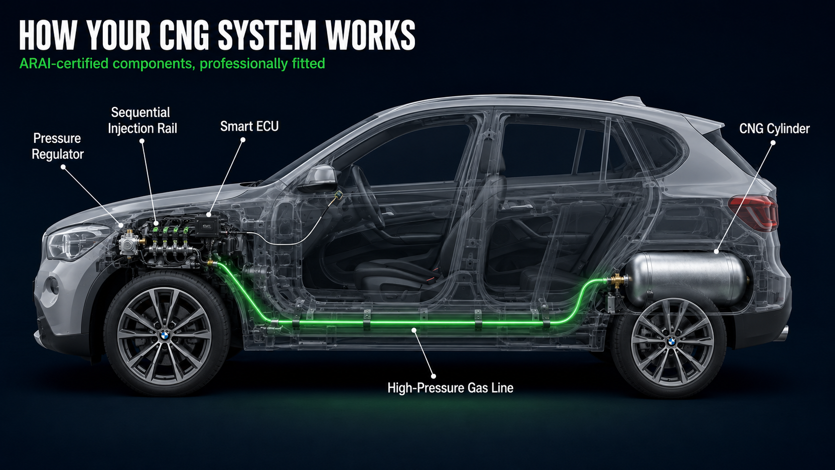 Diagram showing how a CNG system works in a car: cylinder in the boot, high-pressure gas line, regulator, sequential injection rail and ECU