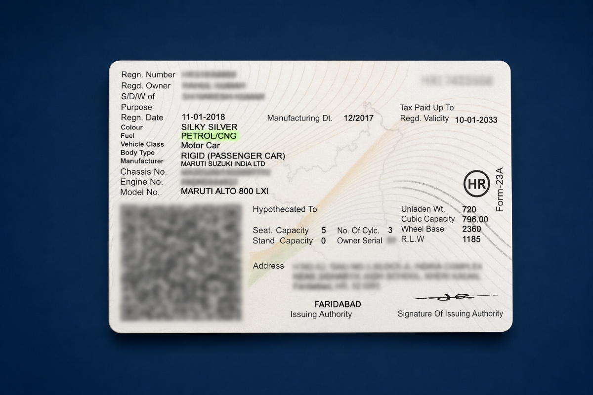 Updated RC showing CNG fuel endorsement after conversion